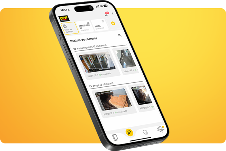 SuperApp Emive exibindo a central de câmeras em um smartphone